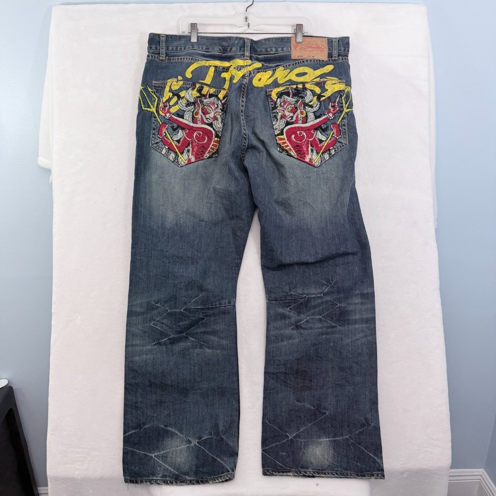 Ed Hardy Jeans Mens 42x31 Blue Devils Embroidered HoneyComb Whisker Baggy Relax